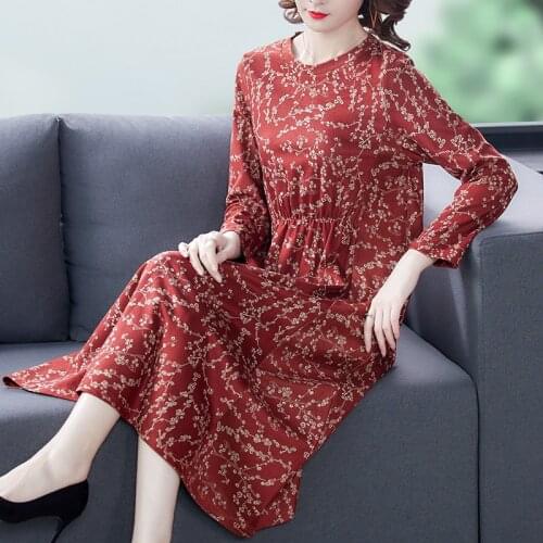 Autumn 3XL Plus Size Vintage Red Floral Midi Dresses Spring Casual Print Long Sleeve Dress Elegant Women Bodycon Party Vestidos