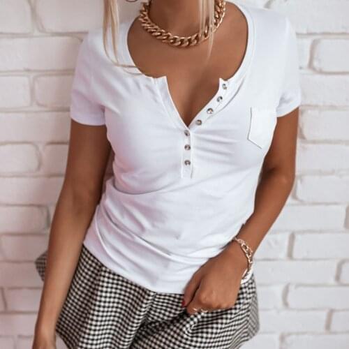 Sexy Solid Summer Womens T-shirt 2021 Casual Short Sleeve Button Office Ladies Tops V-neck Chic Classic White T-shirt
