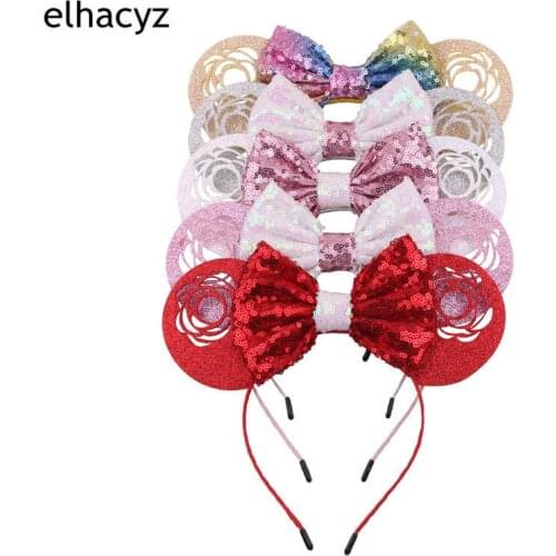 10pcs/lot NEW 5'' Glitter Sequins Bow 3.3'' Shiny Hollow Rose Mouse Ears Hairband Headband Gilrs Women Headwear Hair Accessories