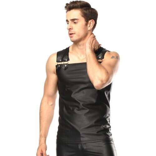 Sexy Men Black Faux Leather Lingerie Tank Tops Erotic Gay Sexy Mens Nightclub Shirt Vinyl Mens Underwear Pole Dance Tops