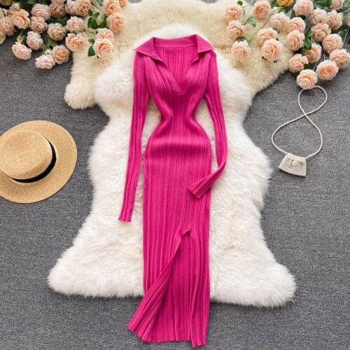 Sexy Deep V Neck Slim Fit Bodycon Dress Fashion Stretch Knit Long Sleeve Split Dress Midi Women Autumn 2021 Sweater Robes M181