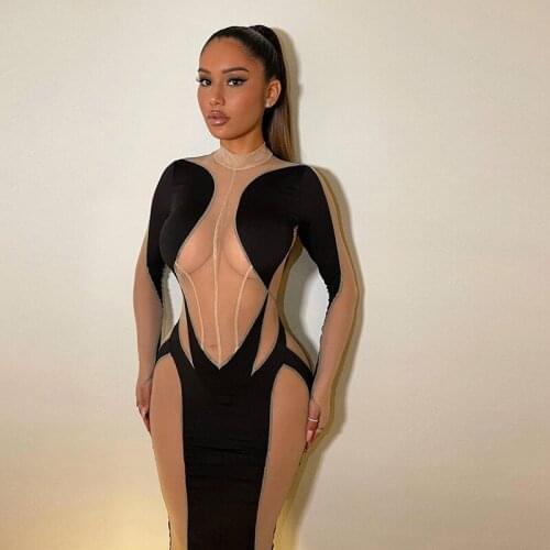 Patchwork Dress Mesh See Through Bodycon Sexy Robe Maxi Dresses Womens Clothes 2021 Long Sleeve Elegant Clubwear Party Dresses