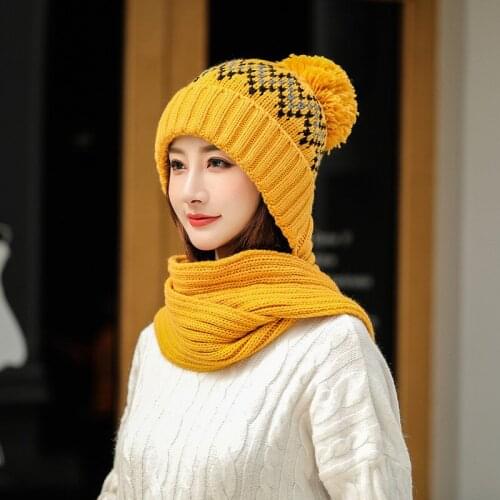 Women Wool Knitted Hat Ski Hat Sets For Female Windproof Winter Outdoor Knit Warm Thick Siamese Scarf Collar Warm Hat Girl Gift