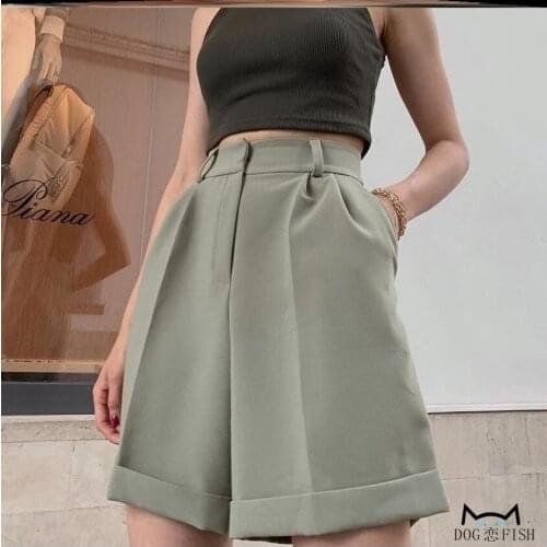 Roll Up Wide Leg Casual Shorts Women High Waist Half Long OL Shorts Summer Chic Loose Knee Length Streetwear Pockets Shorts