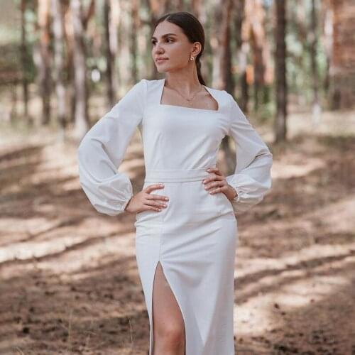 Urifens Vestidos 2021 New Square Neck Lantern Long Sleeve Summer Dress Women Casual Elegant White Split Belt Party Dresses BT38U