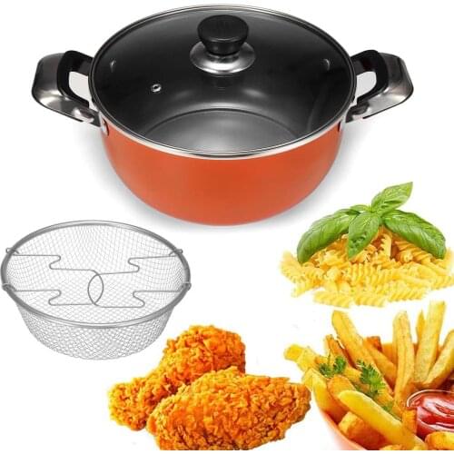 24/26 cm Japanese Deep Frying Pot with Glass Lid Frying Basket 304 Stainless Steel Kitchen Tempura Fryer Pan