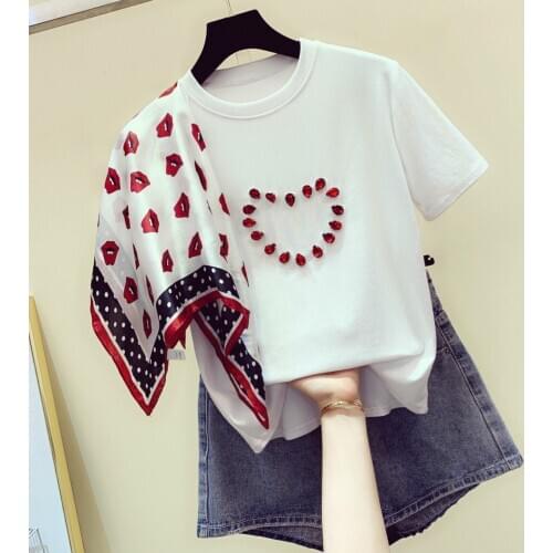 Summer Girls Ladies New Loose Wave Point Scarf Beaded Short Sleeve T-shirt for Students White Tees Tops Female T Shirts
