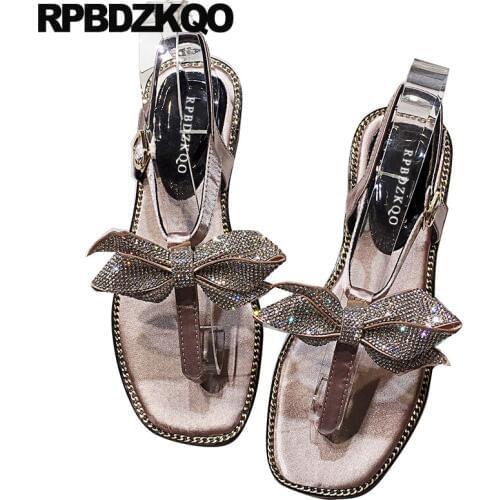 Thong women jewel crystal famous brand flat pink shoes sandals leisure fashion bohemia style high quality embellished bow bowtie