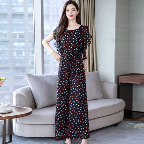 Fashion jumpsuit Womens Summer 2021 New floral Chiffon Loose Ruffled jacket High Waist Dot Printed wide Leg Pants jumpsuit 80A