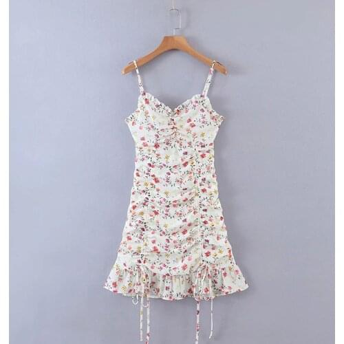 Pleated Floral Dress Female 2020 Summer New Style Sleeveless Sexy Exposed Clavicle Waist Drawstring Suspender Skirt