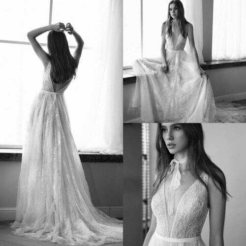 2021 Embroidery A Line Wedding Dresses Deep V Neck Sleeveless Appliqued Bridal Gowns Sweep Train Backless Wedding Gowns