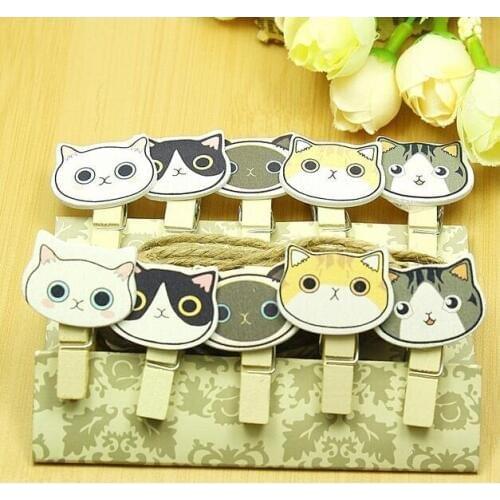 1pack/lot Zakka Cute Cat head Nature Wooden DIY Meaasge Clip set with rope students' gift prize school office supply Wholesale