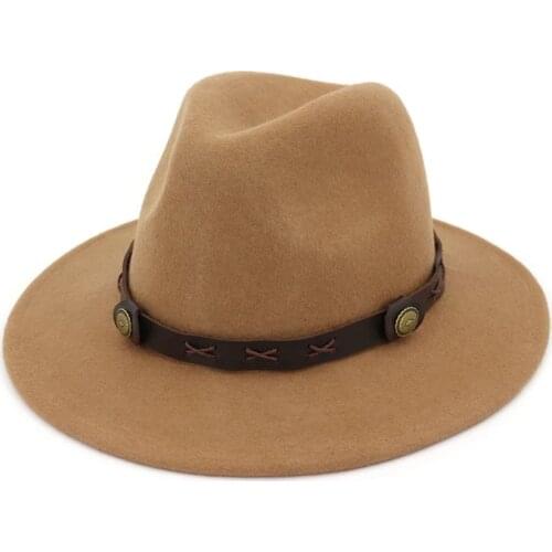100% Wool Felt Cowboy Hat Mens Womens Fedora Hat with Leather Decoration Panama Hat Jazz Top Hat Chapeau for Unisex
