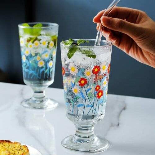 280ml 9.5oz INS Korean Style Daisy Flower Printed Glasses Goblet Water Juice Milk Glass Cup