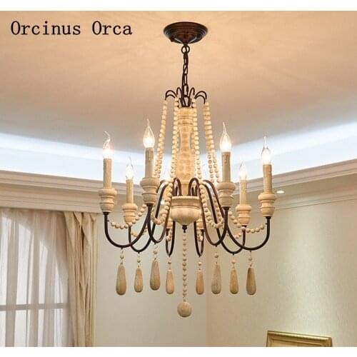 American retro white wooden bead chandelier living room dining room bedroom French garden led candle decoration Chandelier