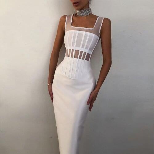White Bandage Dress 2021 New Arrival Midi Bandage Dress Bodycon Women Summer Mesh Sexy Party Dress Wedding Evening Club Outfits