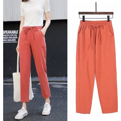 Pants S-Xxl Womens Spring and Summer Pants Cotton Linen Elastic Waist Trousers Soft Nine-Point Womens Trousers Thin-Footed
