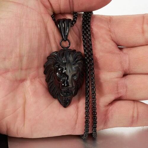 Hiphop Rock Animal Stainless Steel Lion Head Black Color Chain Jewelry Necklaces Pendant For Men Fashion Jewelry Free Box Chain