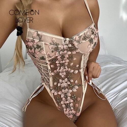 Comeonlover Sleeveless Summer Romper Mesh Bodysuits With Exquisite Flowers Embroidery Ribbon Plus Size Womens Clothing RE81026