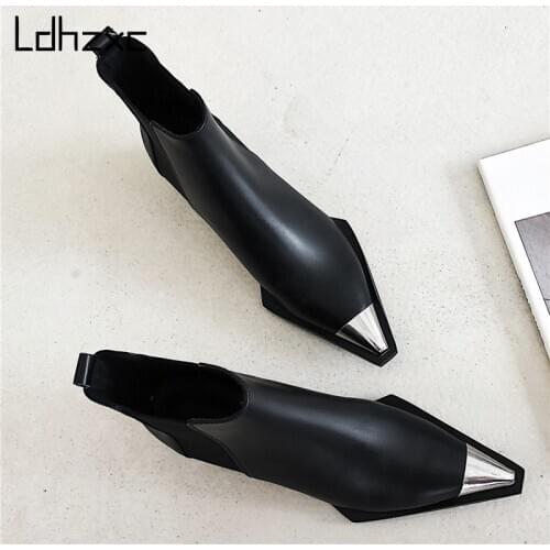 LDHZXC Natural Genuine leather ankle boots women metal pointed toe ladies ankle boots for women square heels spring autumn shoes