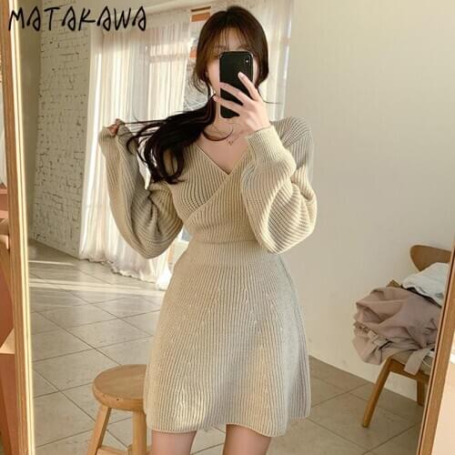 MATAKAWA Cross Pit Strip Waist Short Mini Knit Dress Women Korean Autumn and Winter Temperament V-neck Woman Dresses