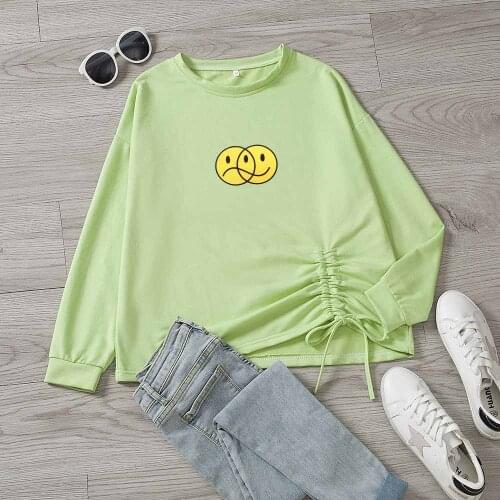 Kawaii Long Sleeve Shirts Drawstring Top O Neck Top Pullover Sweatshirt No Hood Duality Sad and Smile Face Casual Loose Shirt
