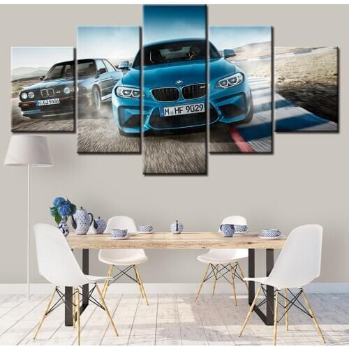 No Framed 5 Panel Blue Sports Car Modular Wall Art Posters Canvas Pictures Paintings Home Decor Bedroom Living Room Decoration