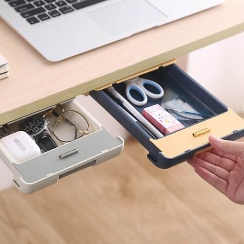 Punch-free Wall-mounted Drawer Storage Box Under Desk Self Stick Organizer Box Pencil Tray Office Stationery Storage Box