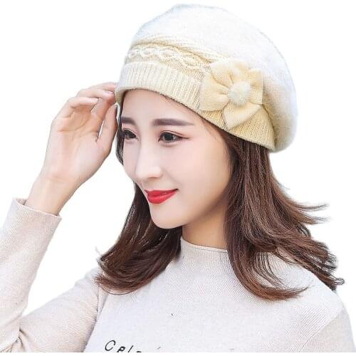 2021 Winter New Rabbit Fur Ladies Beret Winter Warm Plus Fluffy Knitted Hat Fashion Earmuffs Hat