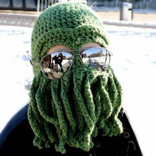 Novelty Funny Party Octopus Beard Hat Unisex Animal Beard Beanie Mens Womens Knit Wind Mask Cap Halloween Animal Gift
