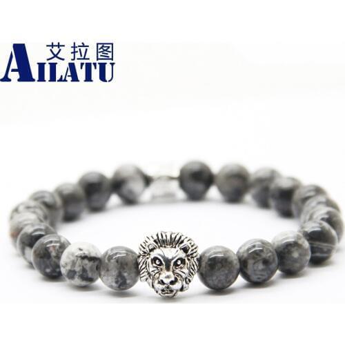Ailatu Wholesale Mens Jewelry 10pcs/lot Best Quality 8mm Grey Veined Picture Stone Lion Head Bracelet