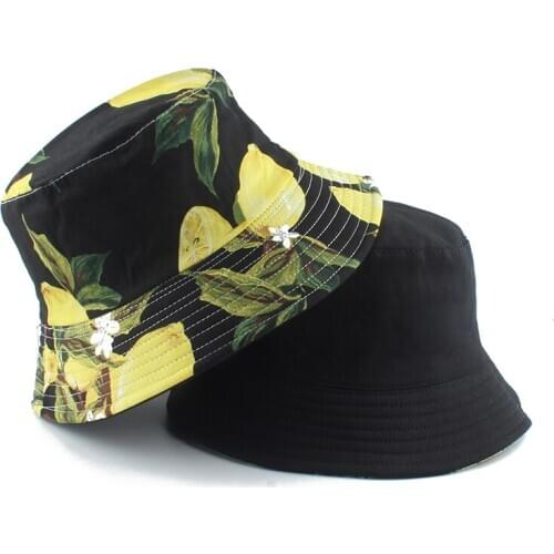 Autumn Two Layers Bucket Cap Women Men Panama Bucket Hat Reversible Lemon Print bob chapeau Hip Hop Gorros Fisherman Hat
