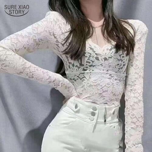 Sexy See-through Inner Wear Woman Shirt Autumn New Slim Long-sleeve Lace Bottoming Shirt Women V-neck Elegant Retro Blouse 16123