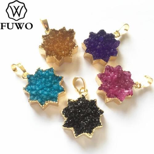 FUWO Natural Druzy Flower Pendant With Gold Trimmed Fashion Mixed Color Crystal Cluster Pendant For Necklace Making PD234