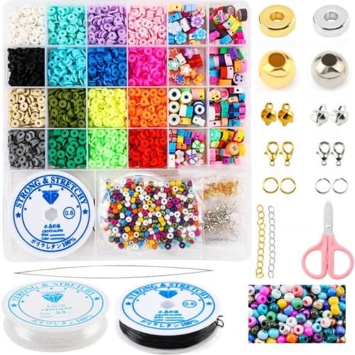 Polymer Clay Beads Kit Flat Round Clay Spacer Beads Kit With Beading Wire Jewelry Accessories For DIY Jewelry Making Craft
