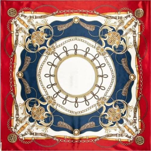 POBING Silk Square Scarf Women Rope Chain Print Foulard Satin Hijab Bandana Lady Neckerchief High Quality Silk Scarf 90cm*90cm