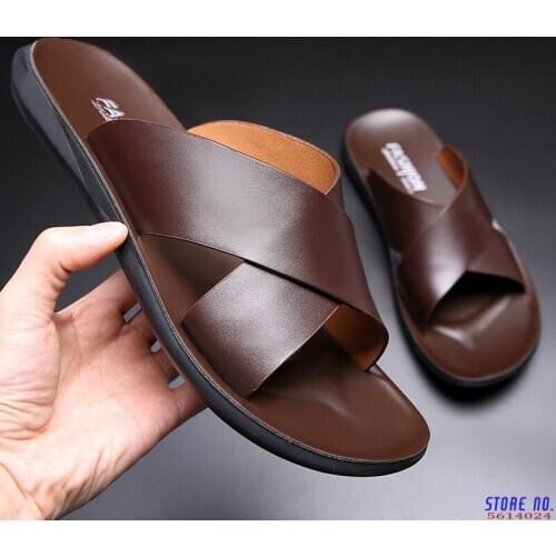 Brand New Fashion Summer Men Shoes Vintage Italian Flats Casual Non-slip Beach Sandals Genuine Leather Flip Flop Slippers