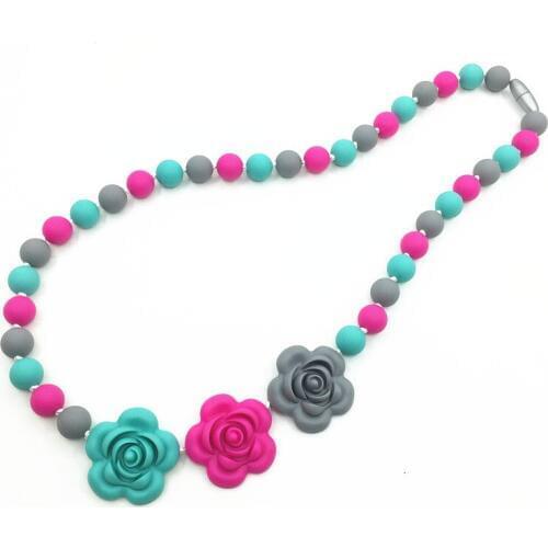 BPA Silicone Teeth Necklaces Silicone rose Bead Teething/nursing Necklace -silicone flower necklaces, baby chewable necklace
