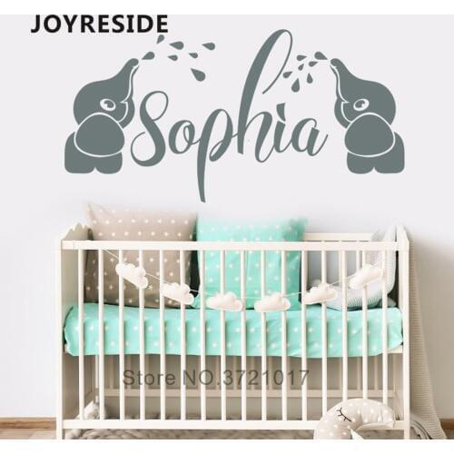 Elephants Water Flower Custom Baby Name Wall Stickers Home Kids Bedroom Wall Decora Cute Funny Wall Decoration Vinyl Design M419