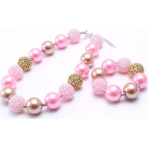 MHS.SUN Cute Pink/Gold Beads Necklace Bracelet Child Girls Kids Chunky Bubblegum Necklace Set Fashion Chunky Jewelry Set Gift