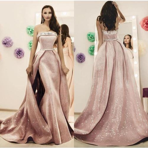 Light Pink Sparkly Prom Dresses With Detachable Train Pearls Beading Strapless Mermaid Evening Gowns Backless Party Wear