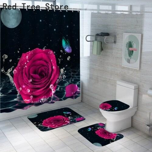 Fushcia Rose Butterfly Print Shower Curtain with Hooks Bathroom Mat Set Anti-slip Soft Floor Carpet Valentines Home Decoration
