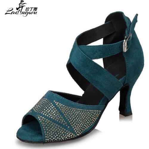 Rhinestone Dark Green Black Flannel High heels 10cm Latin dance shoes Womens Salsa Ballroom dancing Performance shoes