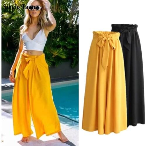 2021 Spring Loose Wide Leg Pants Women High Waist Bow Cotton Chiffon Pantalon Femme Lace Up Waist Casual Straight Harem Pants