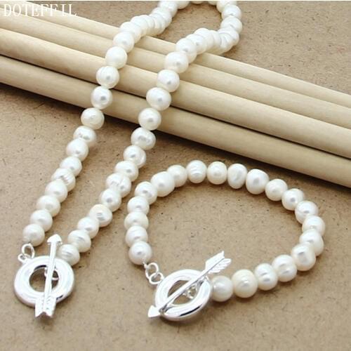 DOTEFFIL 8mm Natural Pearl Beaded Chain 925 Silver Arrow Buckle Necklace Bracelet Set For Women Wedding Engagement Party Jewelry