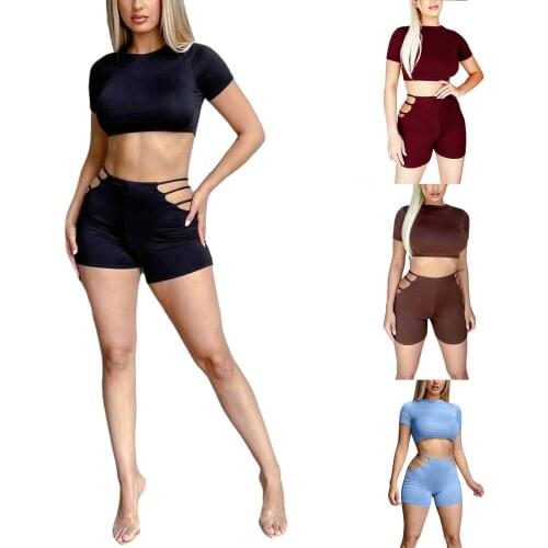 Womens close fitting two-piece suit, 2021 Summer Fashion solid high collar, short sleeve, navel dress and shorts