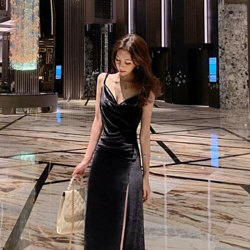 Real shot 2020 new fashion ladies elegant retro sexy strap dress black temperament split backless holiday slim party dress