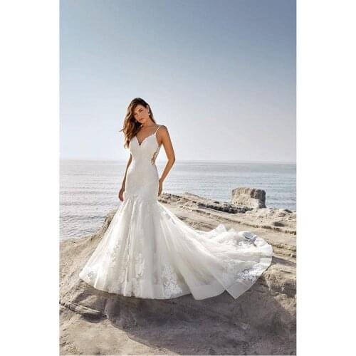 Ivory Tulle Lace V-Neck Spaghetti Straps Floor-Length Mermaid/Trumpet Wedding Dresses Chapel Train Sleeveless Bridal Gowns