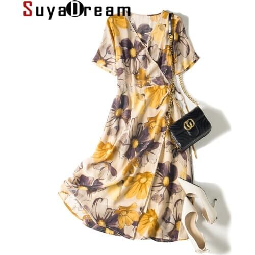 SuyaDream Woman Floral Silk Dress 100%Silk Print V neck Sashes Wrap Dress 2020 Summer Midi Dresses Vestidos New