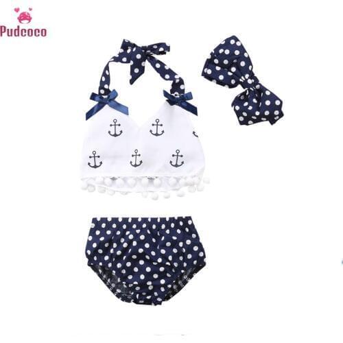 2020 3Pcs Fashion Casual Kids Baby Girls Anchors Tops and Polka Dot Briefs Set Sunsuit Halter Bathing Suit Outfits Set Hot 0-24M